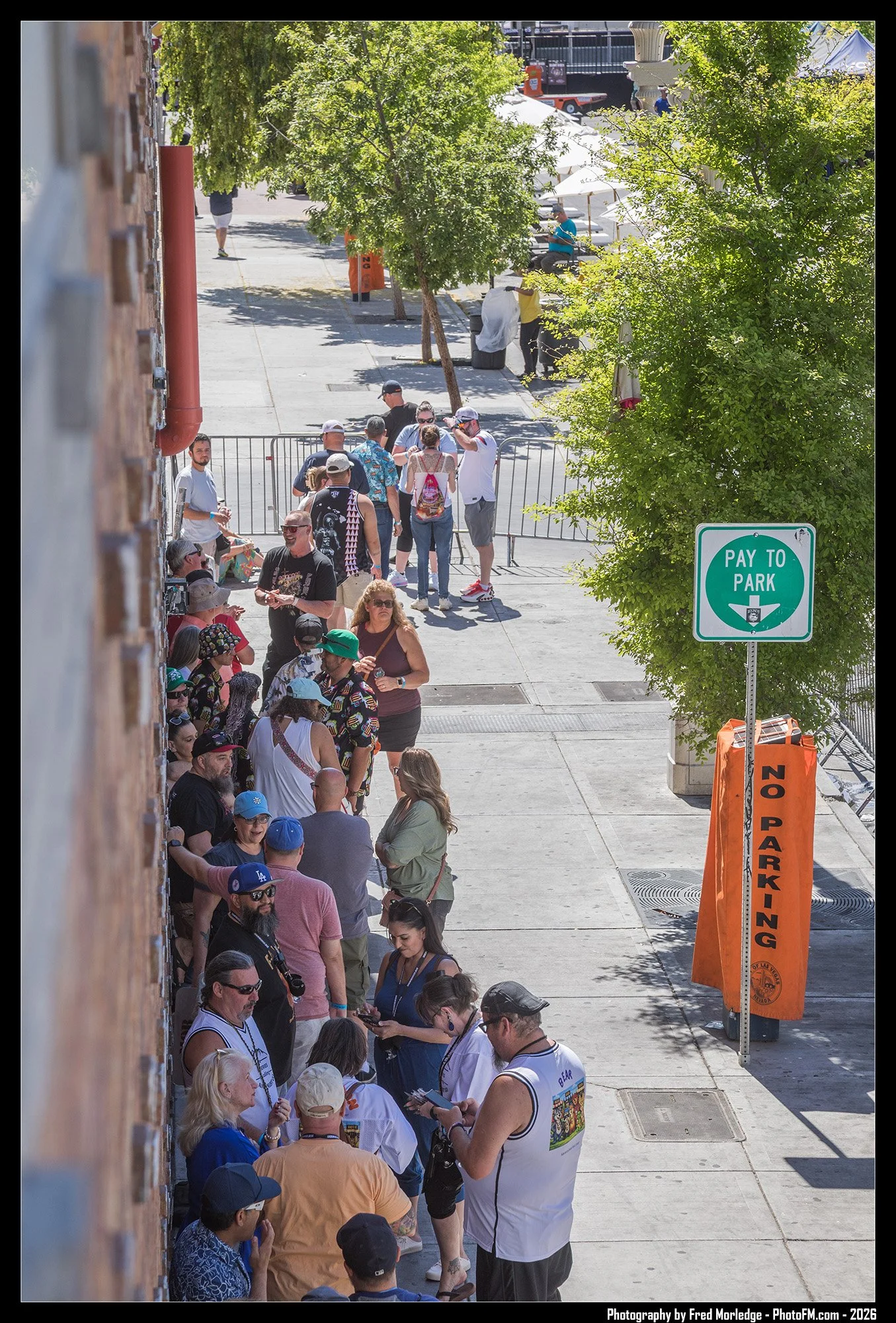 A crowded outdoor scene with a long line of people waiting outside a venue. The people are engaged in conversations, using phones, or standing in the queue. There are trees providing shade, some tents, and a sign that reads 'Pay to Park'. An orange p