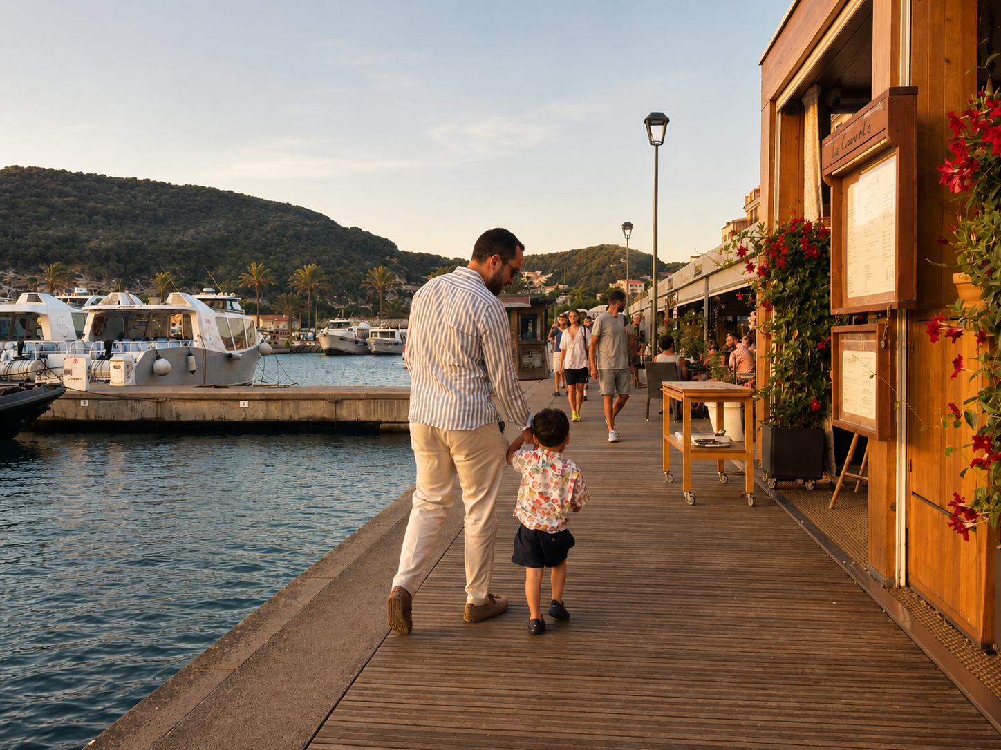 A man and a young child walking on a wooden pier near a marina with boats and yachts, with a hillside in the background, during sunset.