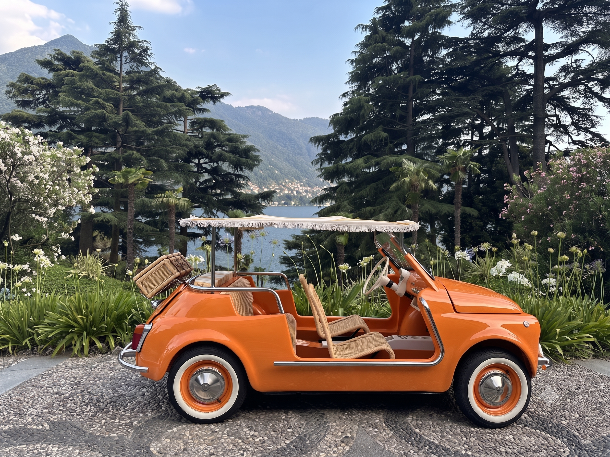 Orange vintage style toy car parked on a stone pathway with green bushes and trees, mountain landscape in the background.
