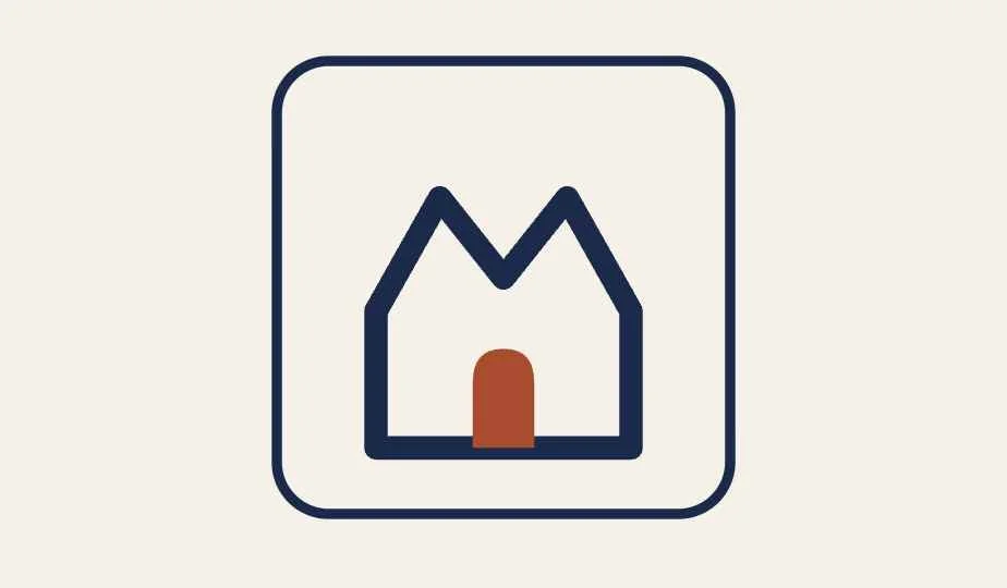 Simple line drawing of a house with a triangular roof and a brown door, enclosed in a rounded rectangle.