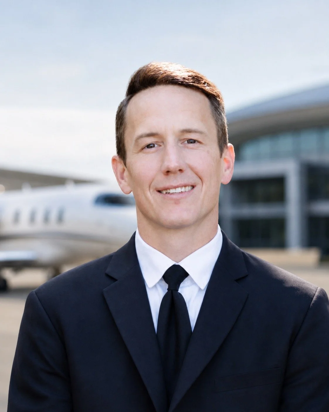 A young man in a black suit and tie, smiling outdoors with private jets and modern buildings in the background.