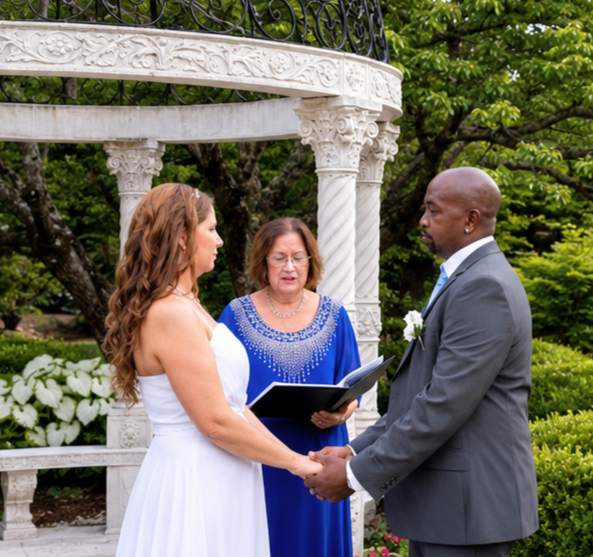 A woman in a white wedding dress and a man in a gray suit holding hands during their wedding ceremony outdoors. The wedding officiant, Maritsa Hartlove is in a blue dress standing behind them in front of a white decorative gazebo and green trees.
