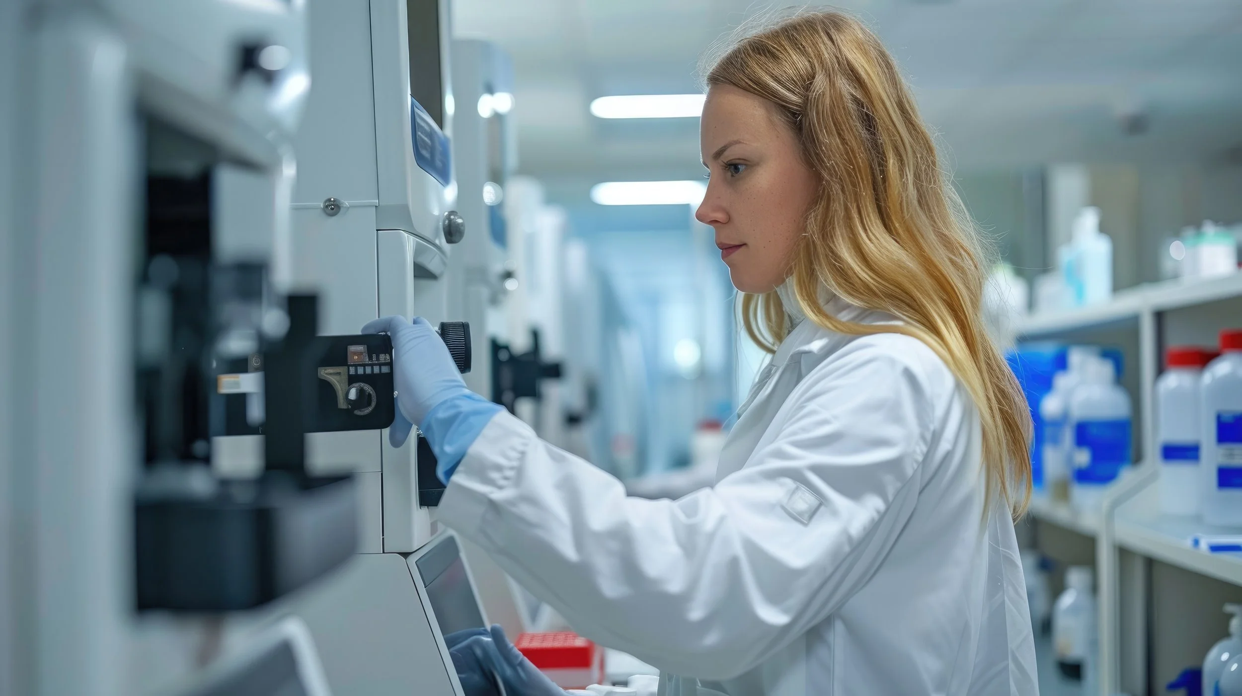 A woman in a white lab coat and blue gloves working with laboratory equipment in a scientific laboratory.