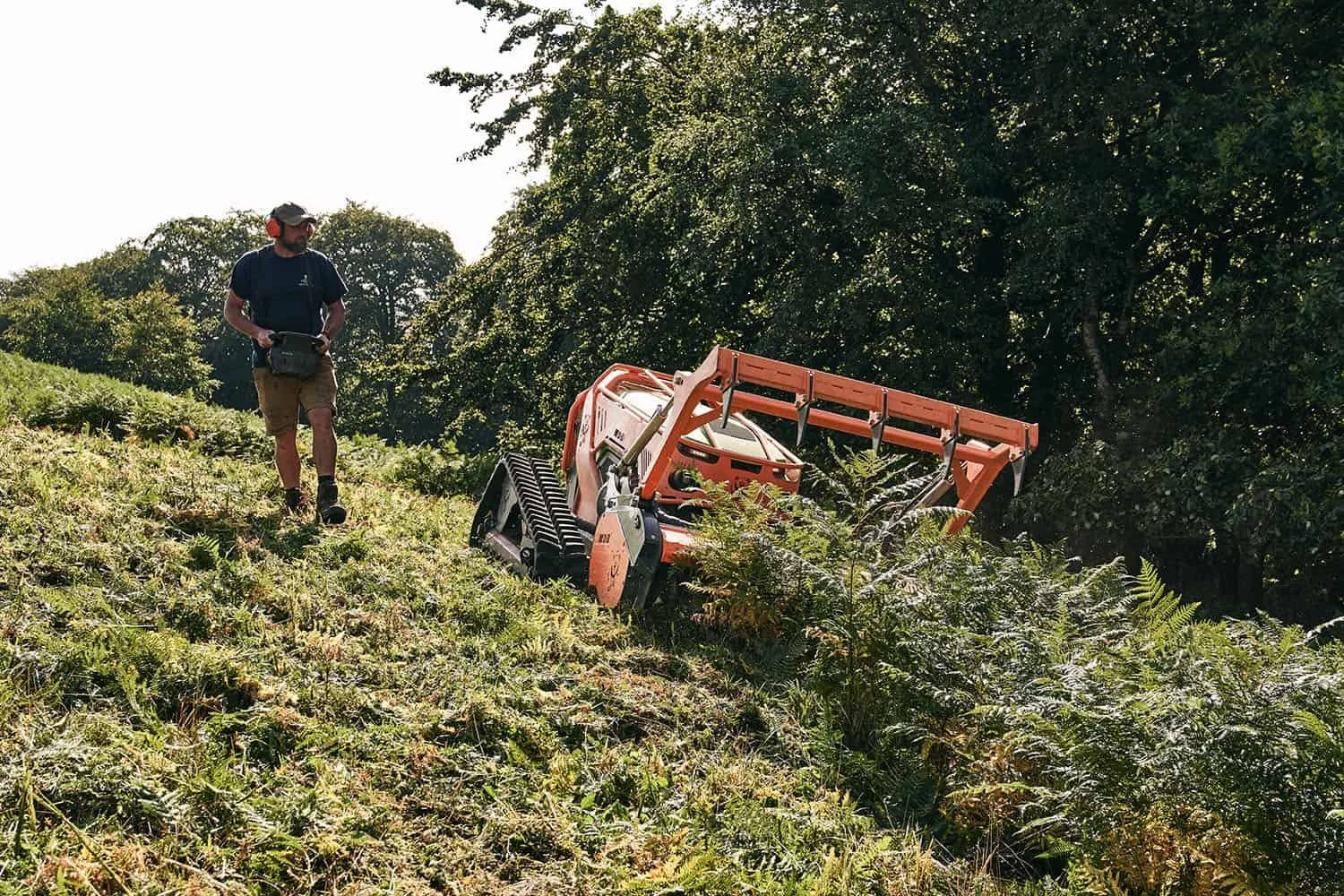 Man with ear defenders on walking next to a robo flail machine operating it with a hand held control while it cuts bracken on a hill.
