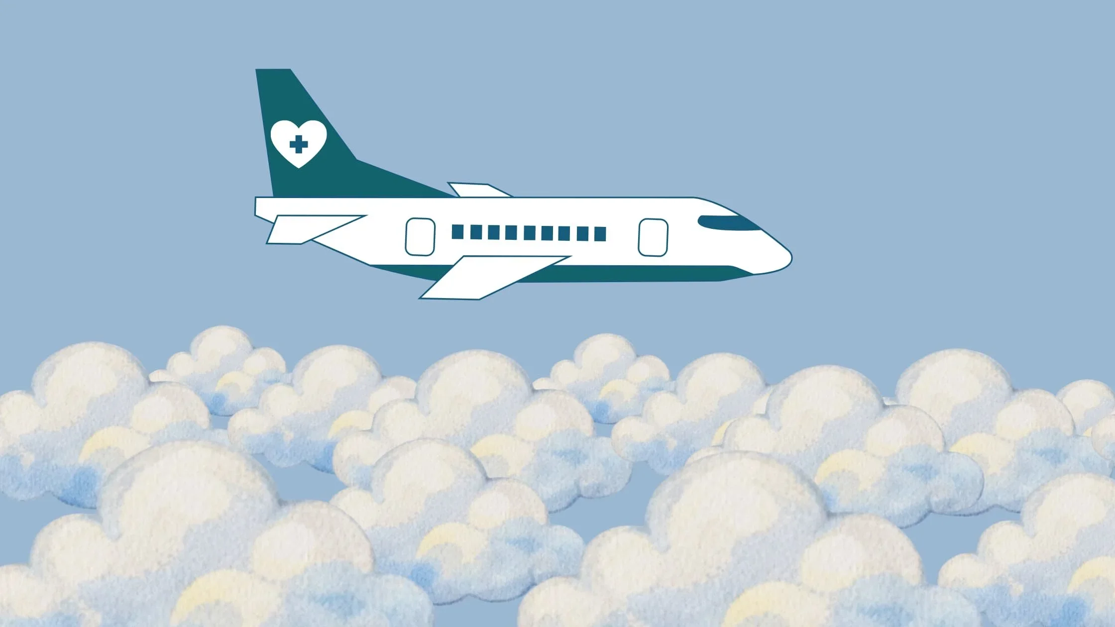 Illustrated airplane with a medical cross on the tail flying above clouds, representing medical tourism travel for Americans seeking affordable healthcare abroad