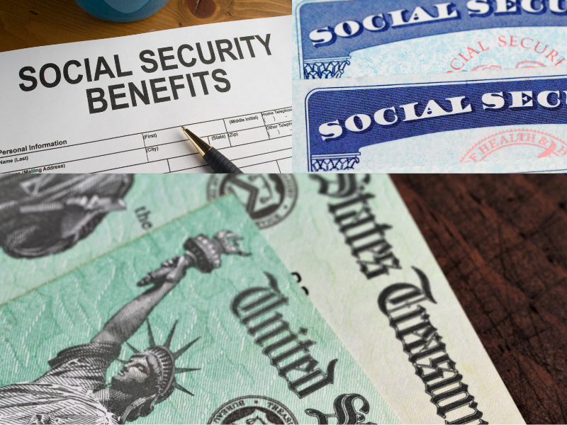 Social Security benefits application, social security cards, and social security checks collage for retirement social security income.