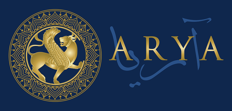 Golden mythical lion with wings inside a decorative circular frame, next to the word "ARYA" in gold and Arabic script on a dark blue background.