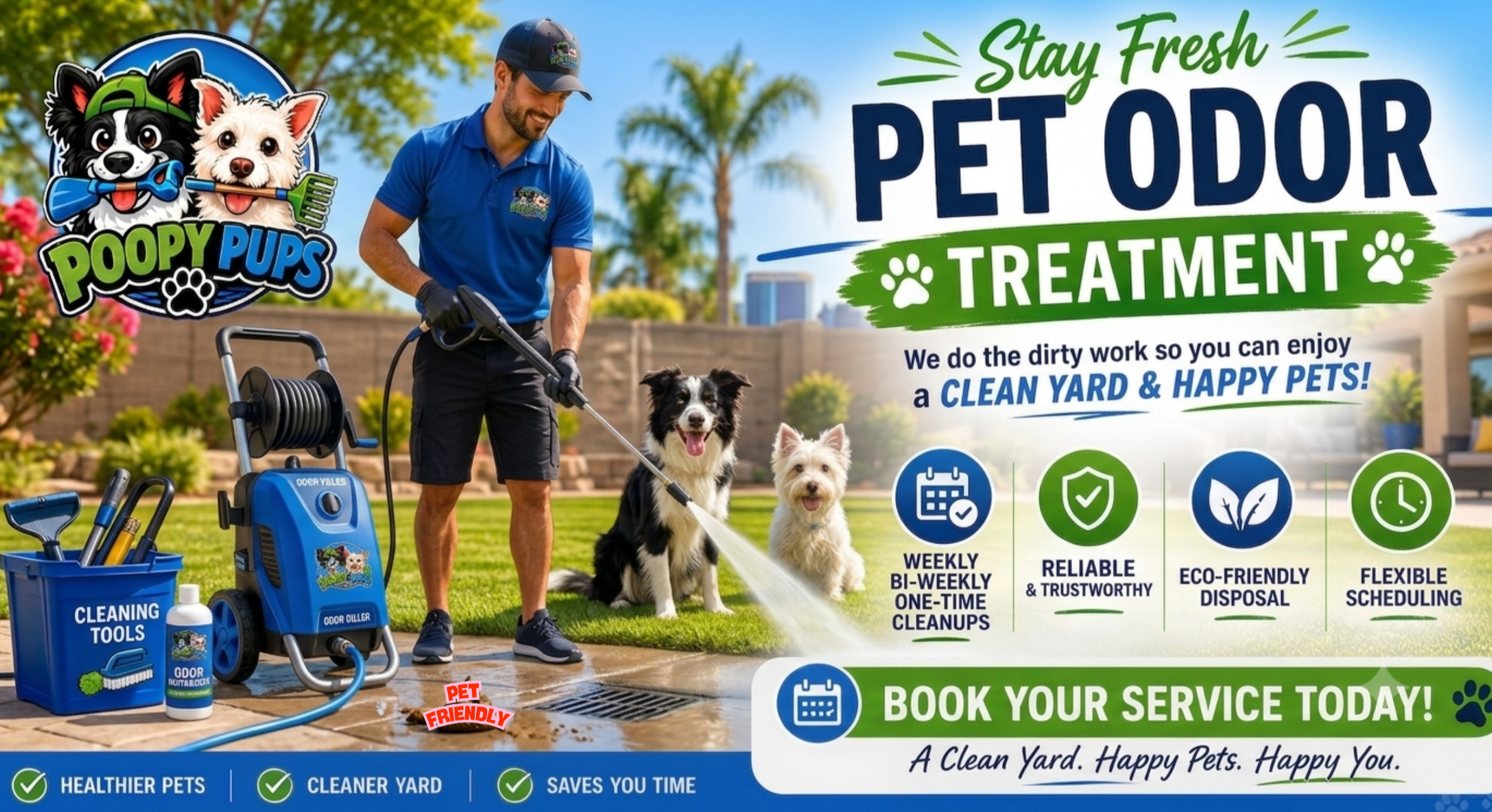 A man in a blue shirt and cap using a garden hose to spray a yard with three dogs sitting nearby, surrounded by cleaning tools and equipment, with a colorful outdoor background. Text promotes pet-friendly outdoor cleaning services.