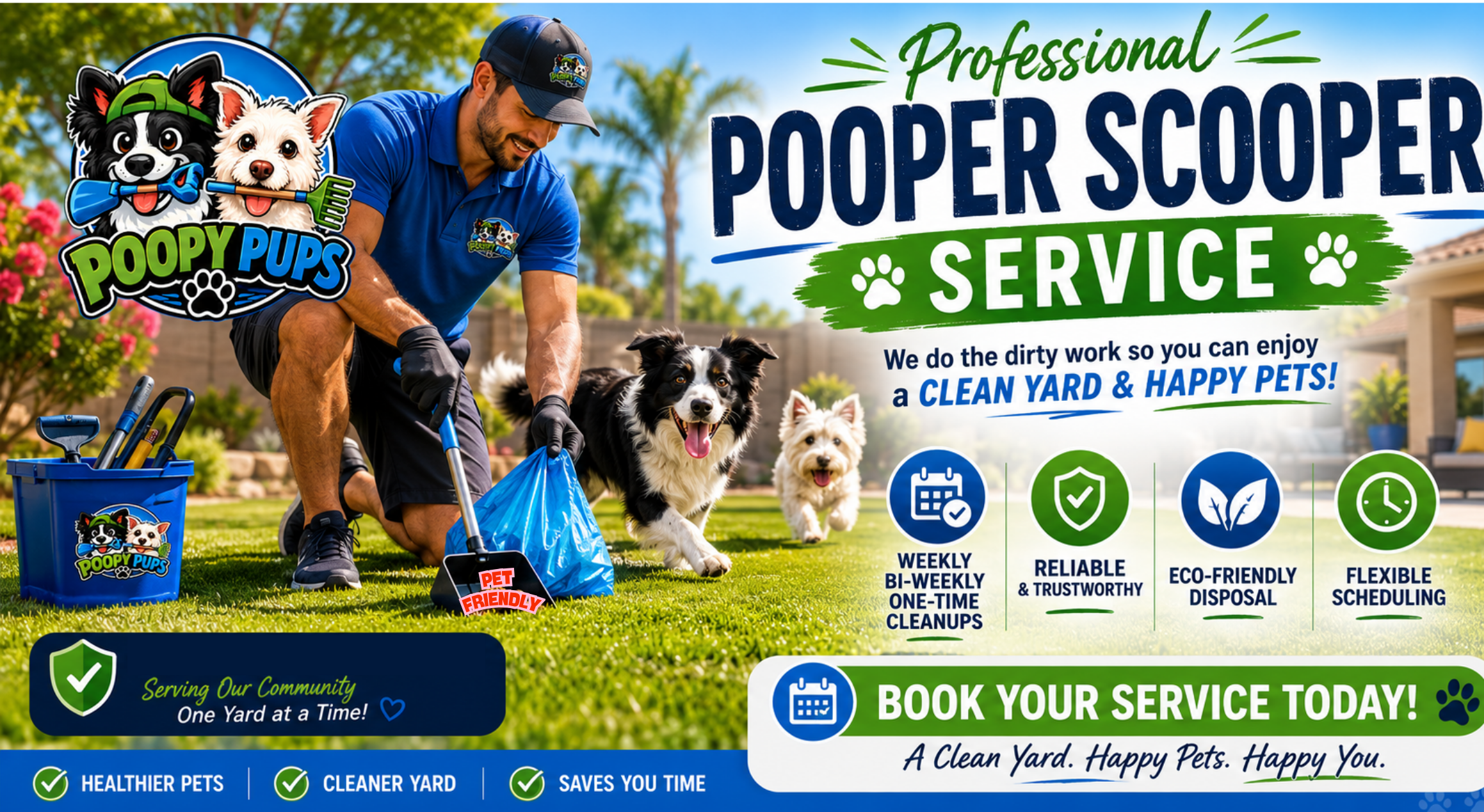 A man in a blue uniform cleaning a yard with three dogs nearby, and a pooper scooper service advertisement with logos, icons, and text promoting a professional dog waste removal service.