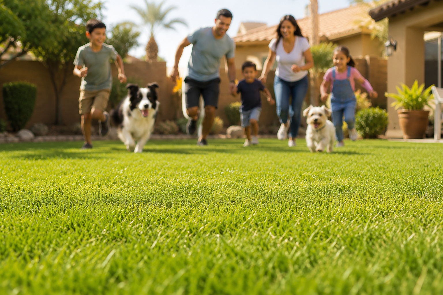 Family of five running on a lush green lawn with two dogs, smiling and enjoying a sunny day in their backyard.