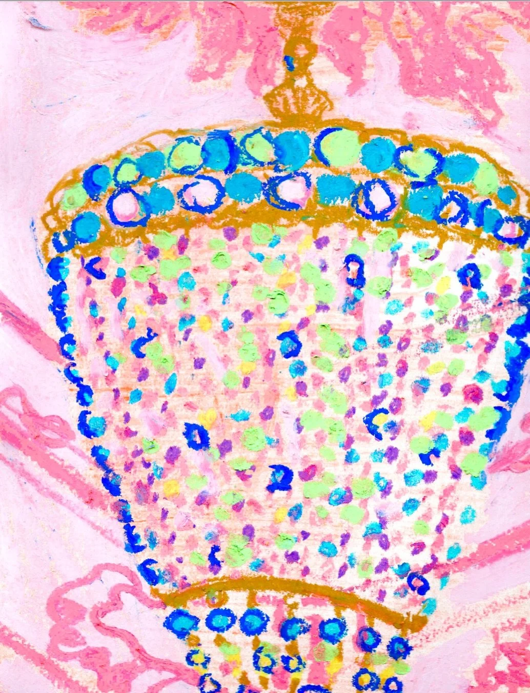 Look at the Chandelier! (2026) Oil pastel on paper  She looks up and sees a beautiful chandelier shimmering in every color she could imagine, shades of blue, green, coral, purple, and countless others, each piece of sea glass catching the light in it