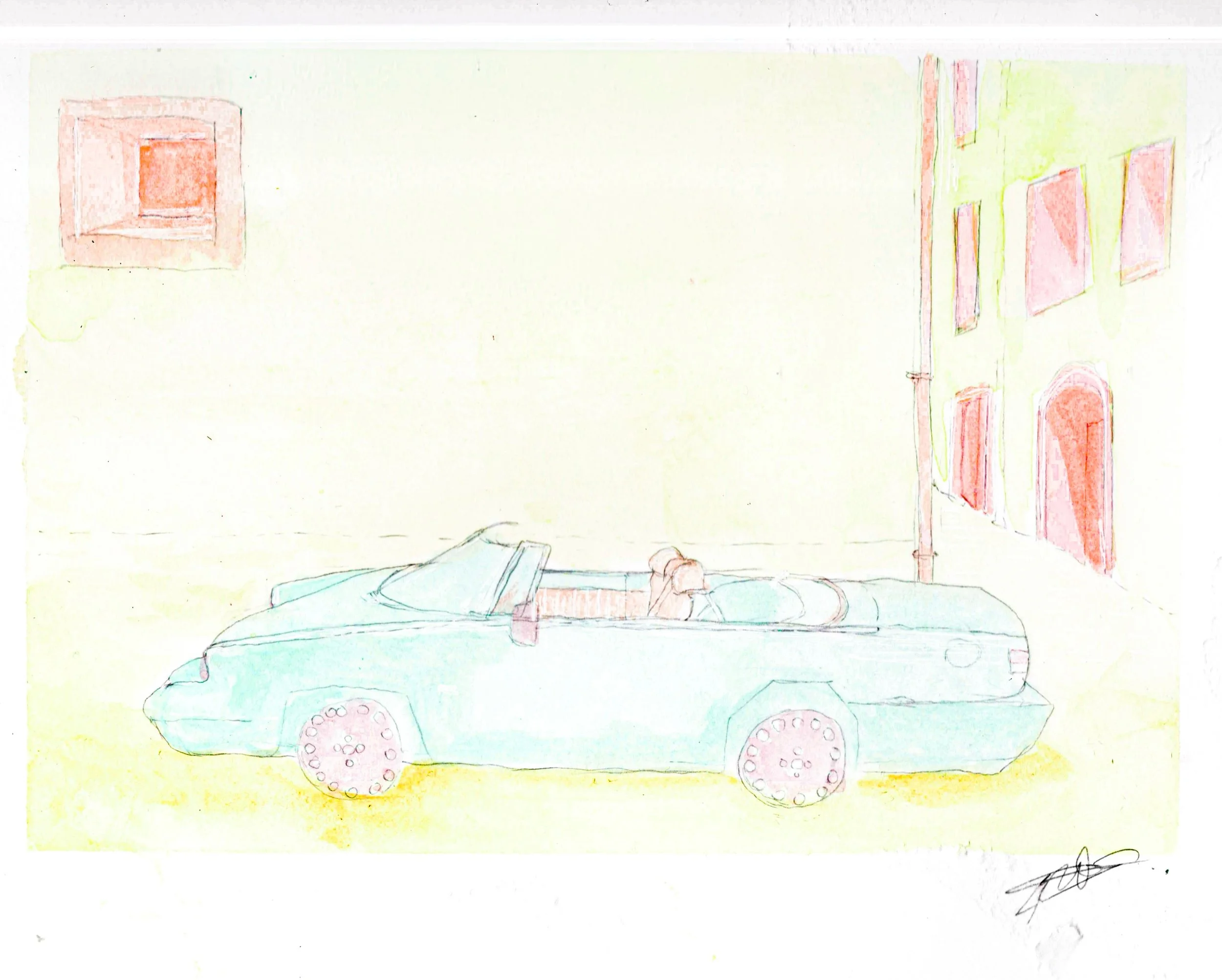 Lady 
2026
Watercolor &amp; pencil on paper 

She parked her vintage convertible across the street, then smoked a cigarette, perhaps two, taking her time.
.
.
.
.
.

#vintagestyle #retro #convertible #woman #nostalgic