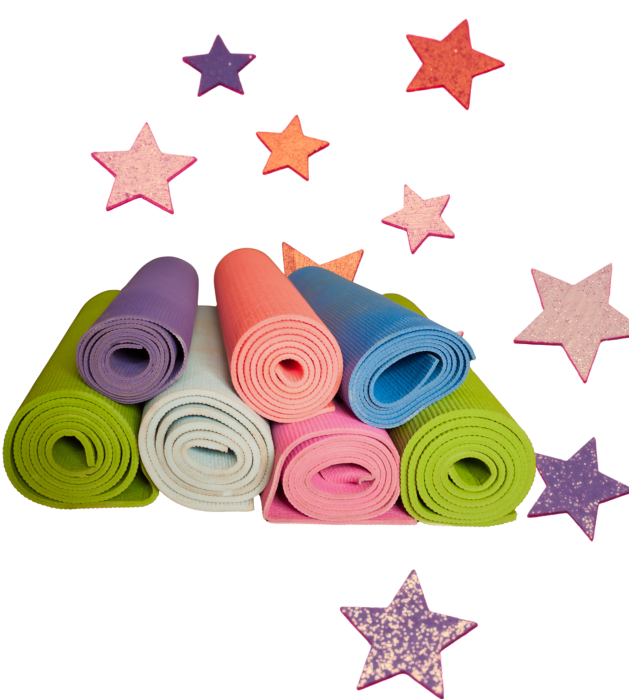 Colorful rolled-up yoga mats in purple, orange, blue, white, pink, and green, with star-shaped decorations around them.