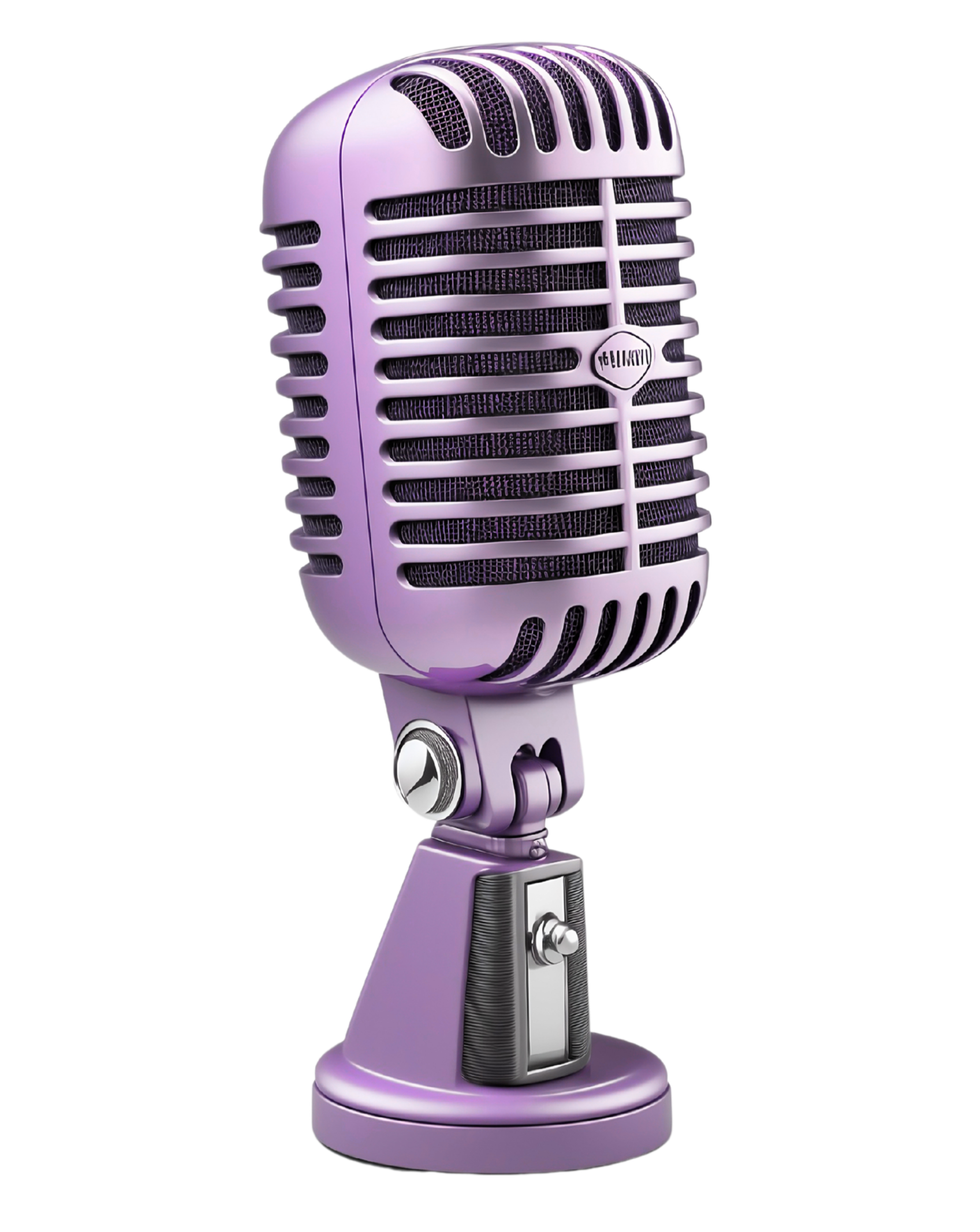 A close-up of a vintage-style microphone in a shiny purple color, mounted on a stand with a round base, isolated on a black background.