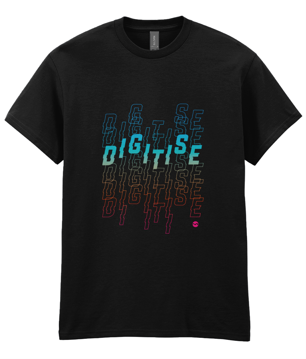 Black t-shirt with colorful, vertically layered text that reads "DIGITALISE" in a pixelated, glitch-style font.