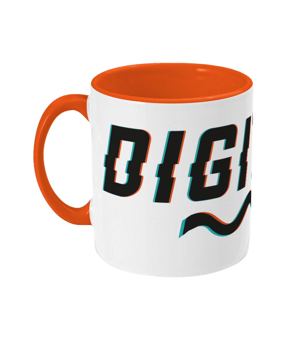 White ceramic coffee mug with orange handle and interior, featuring the word 'DIGIT' in bold black letters with a blue outline and a black swoosh design underneath.