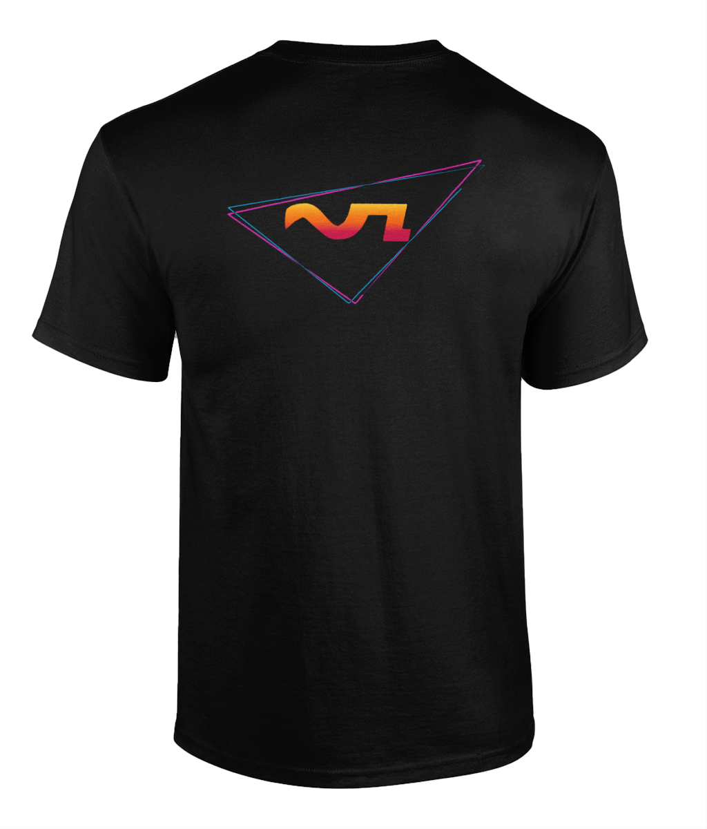 Black t-shirt with a futuristic, colorful geometric logo on the back, featuring a triangle and stylized 'M' or 'Z' in a gradient orange, pink, and purple color.