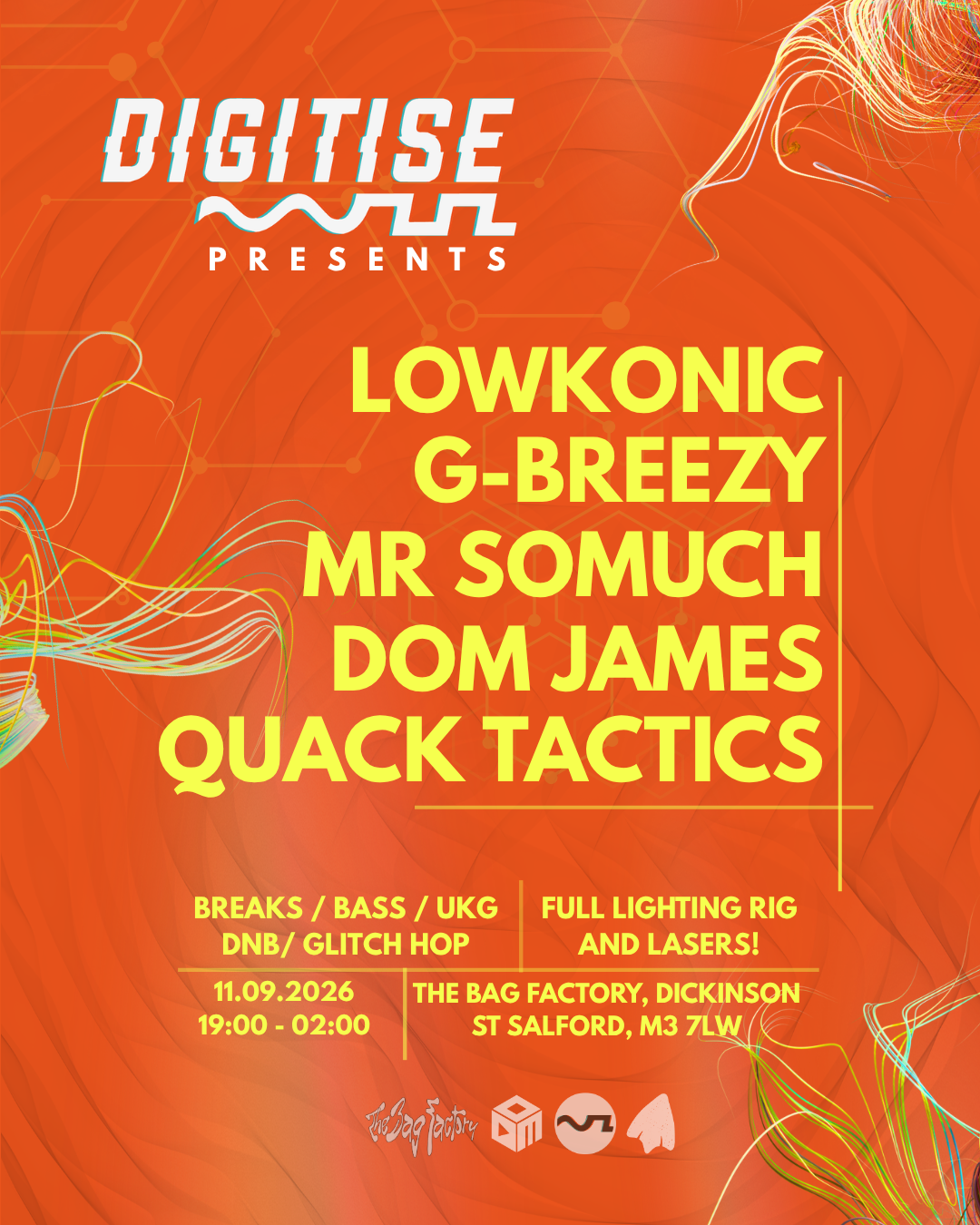Digitise 11th September lineup poster: Lowkonic, G-Breezy, Mr SoMuch, Dom James, Quack Tactics, Bag Factory Salford, 7PM–2AM