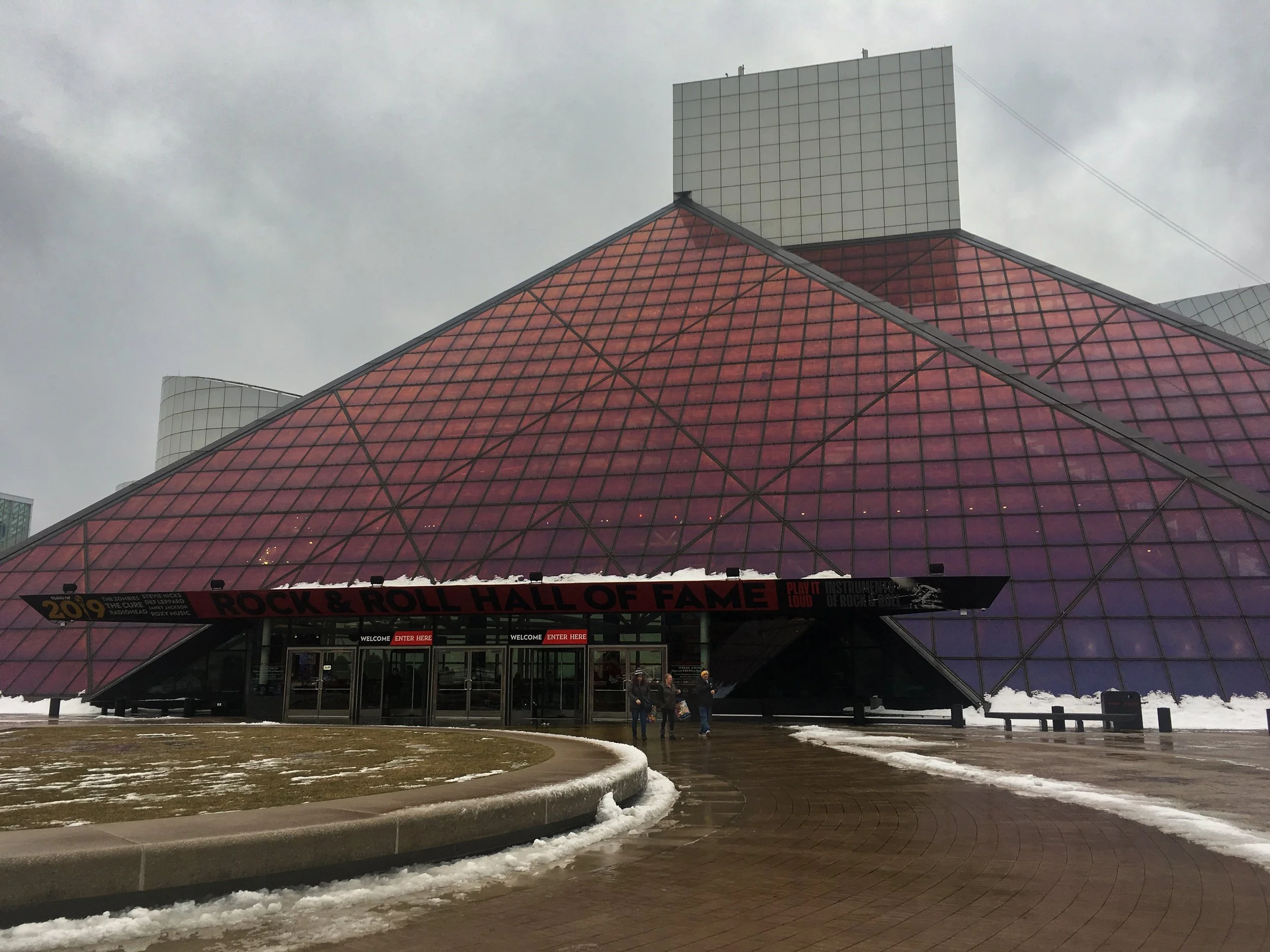Rock and Roll Hall of Fame, Cleveland Ohio, snow melt and cloudy skies