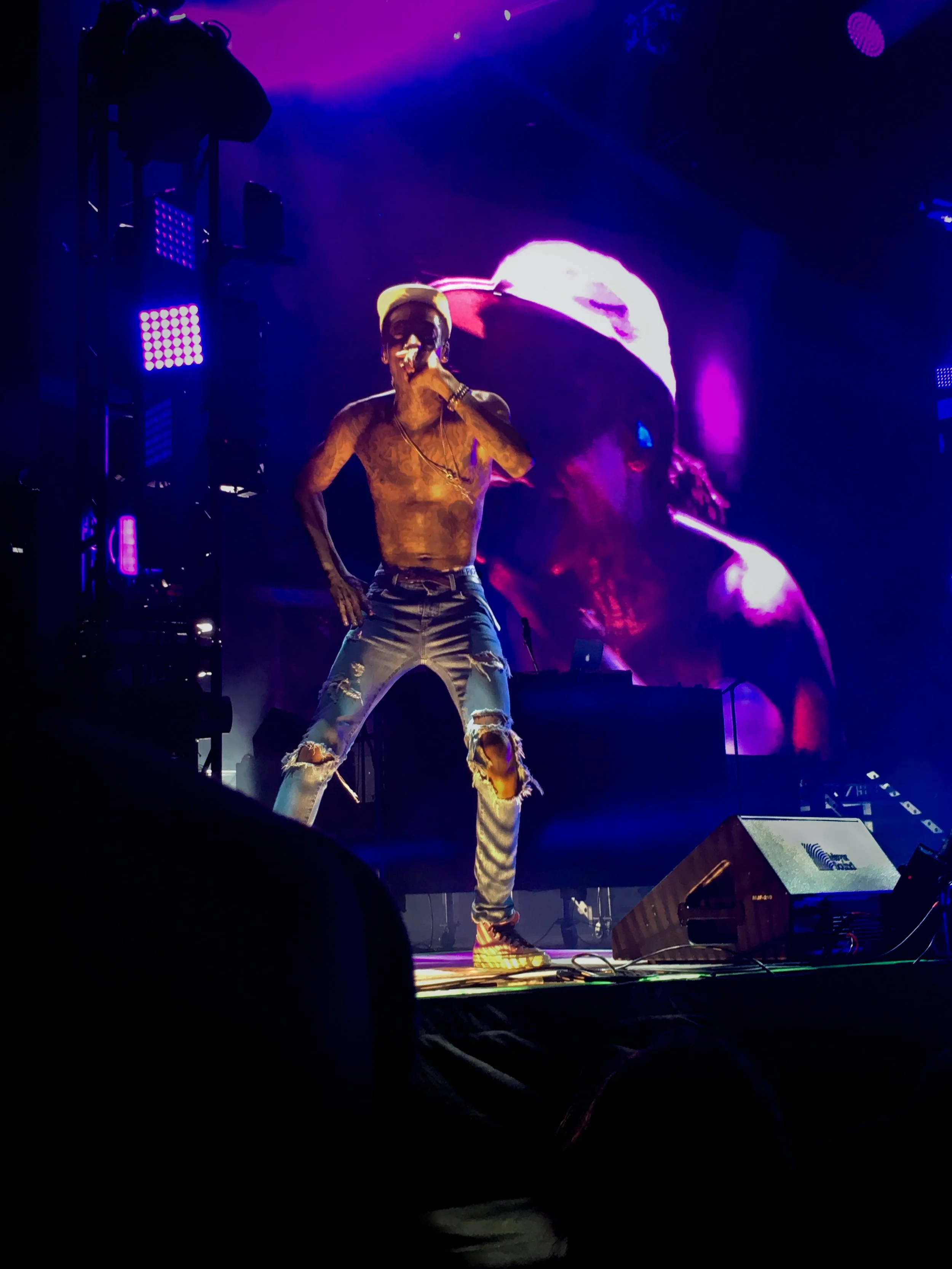 Wiz Khalifa rapping under purple and blue stage lights while looking toward the camera
