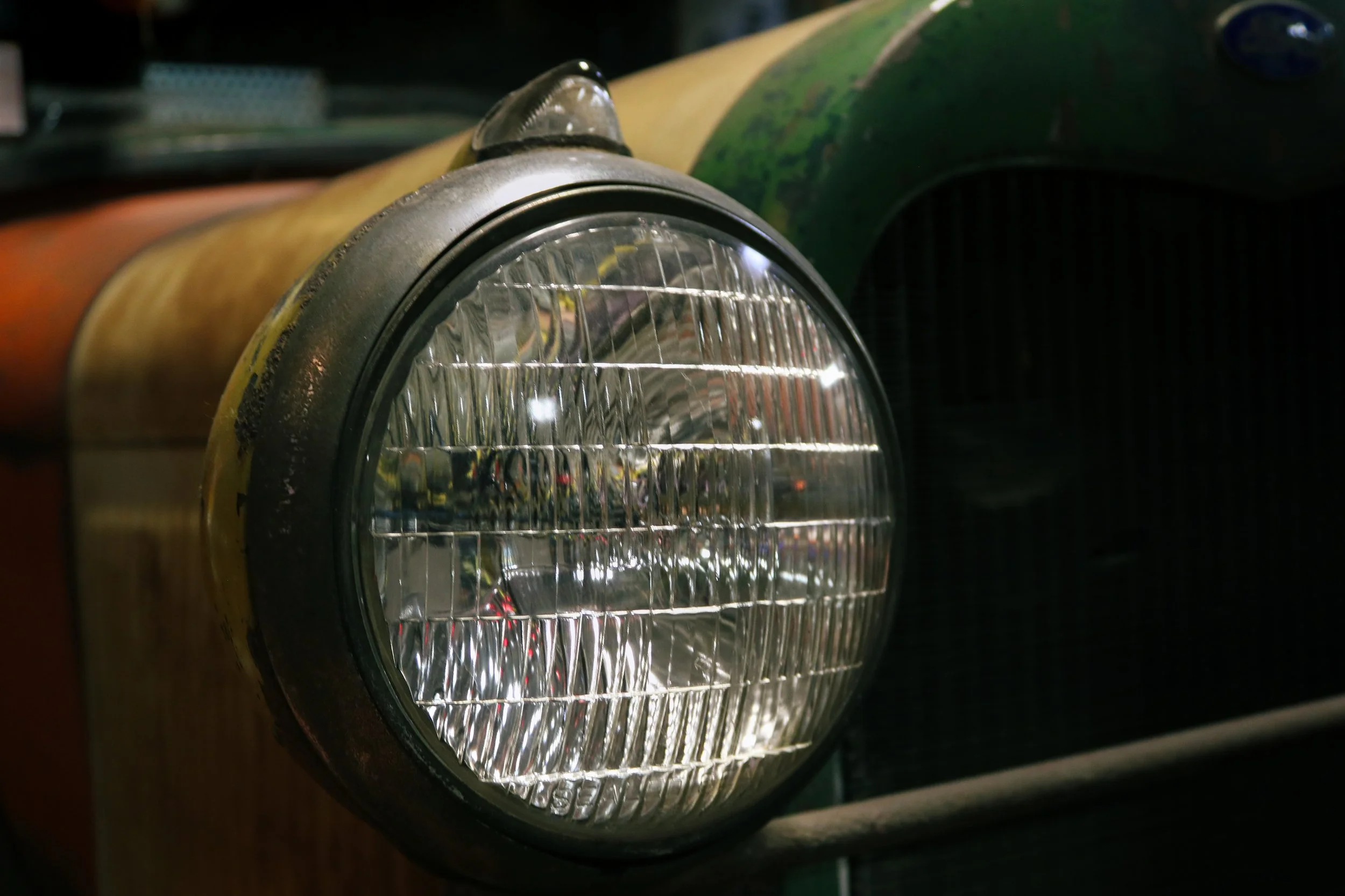 Close up of an old school vehicle light at the American Treasure Museum
