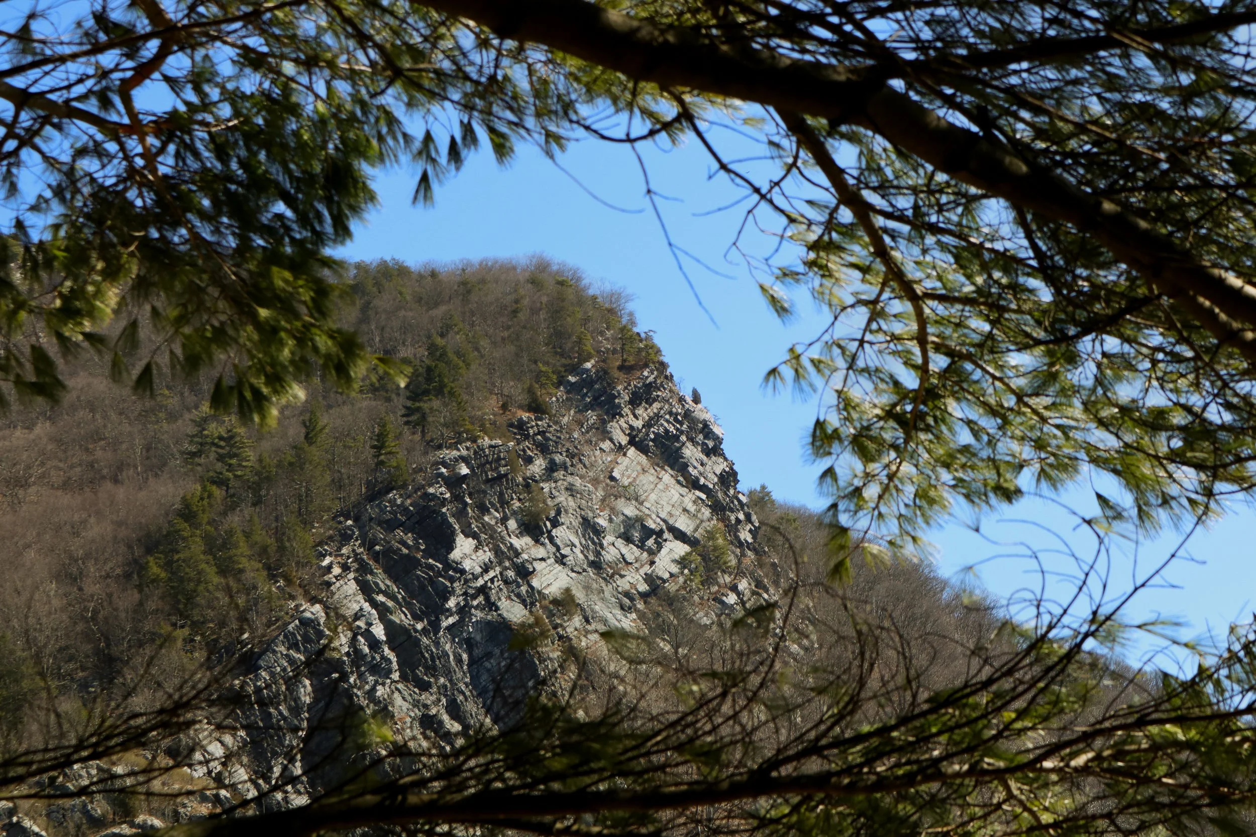 Tree branches and leaves framing the Indian Head rock formation on Mount Tammany, New Jersey