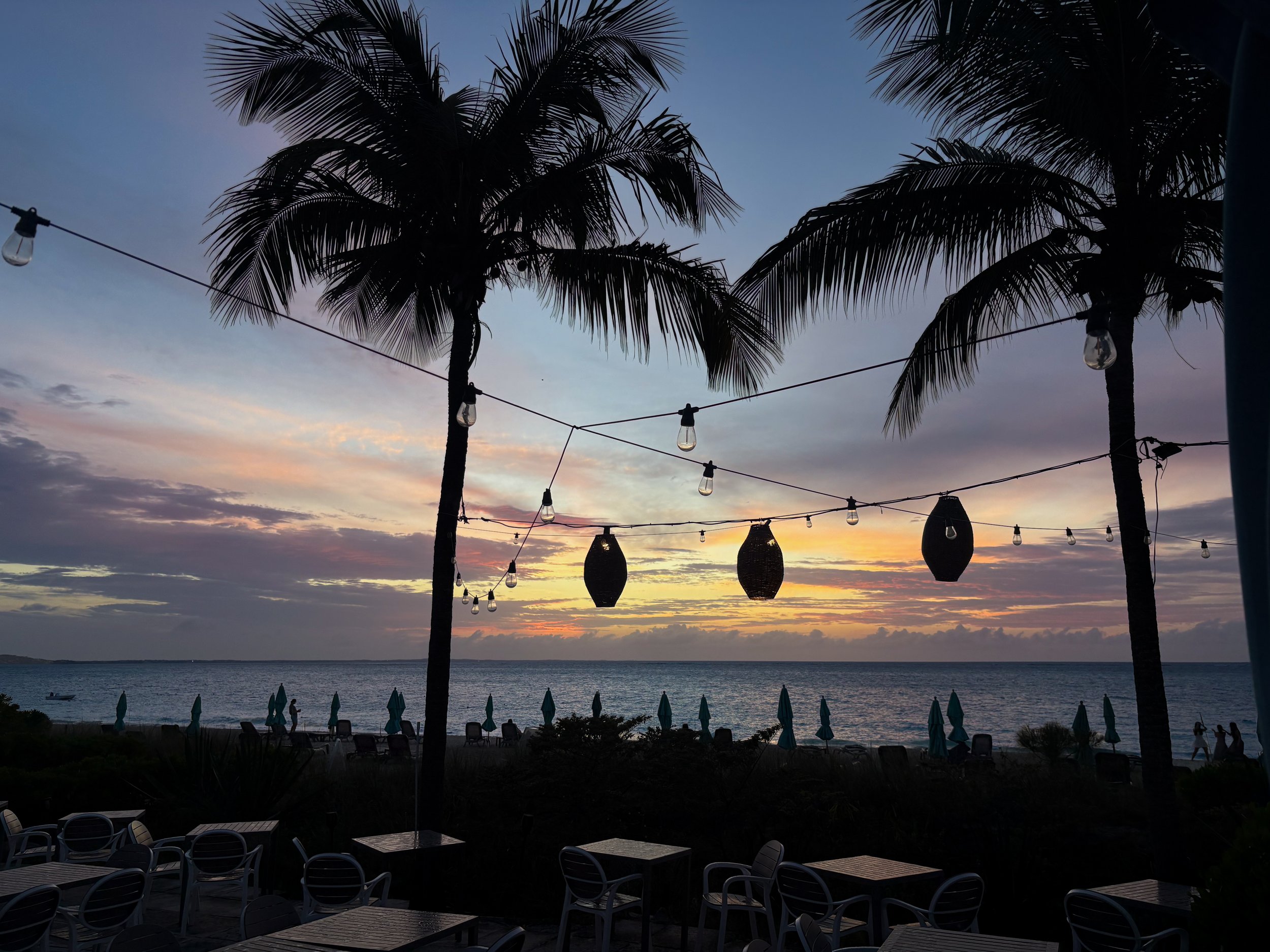Purple and orange sunset with silhouetted palm trees and lanterns at Bay Bistro Restaurant in Turks and Caicos