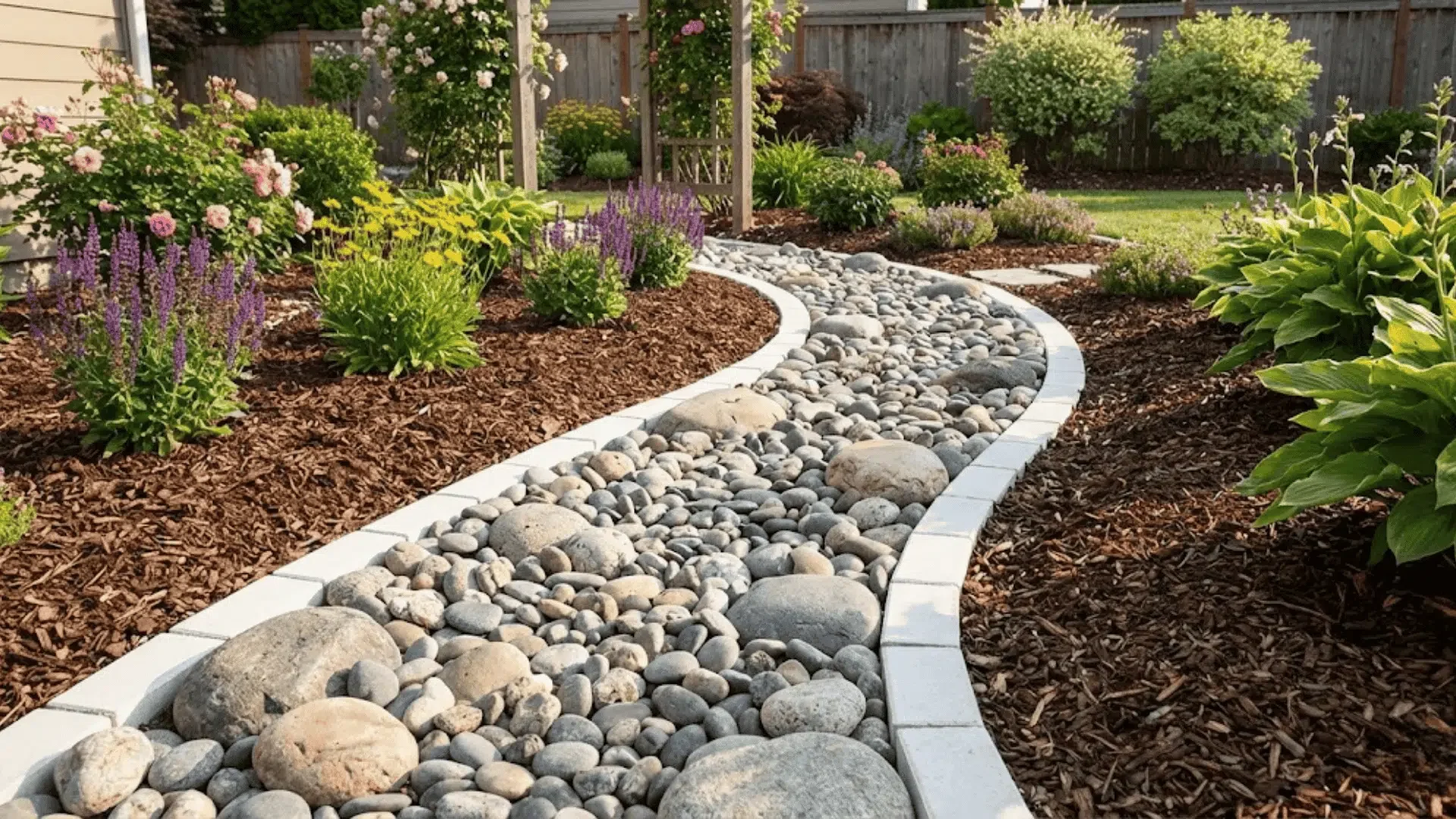 A landscaped backyard garden with a curved pathway made of river stones and bordered by white bricks. Surrounding the pathway are mulched garden beds filled with various green plants and colorful flowering bushes, with a wooden fence in the background.
