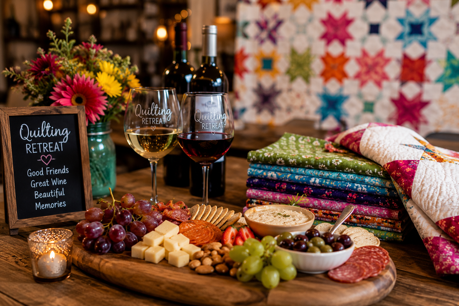 A wooden table with a cheese and fruit platter, two glasses of wine, a small chalkboard sign that reads 'Quilting Retreat,' and a colorful quilt. There are also flowers in a jar, a candle, and bottles of wine in the background.