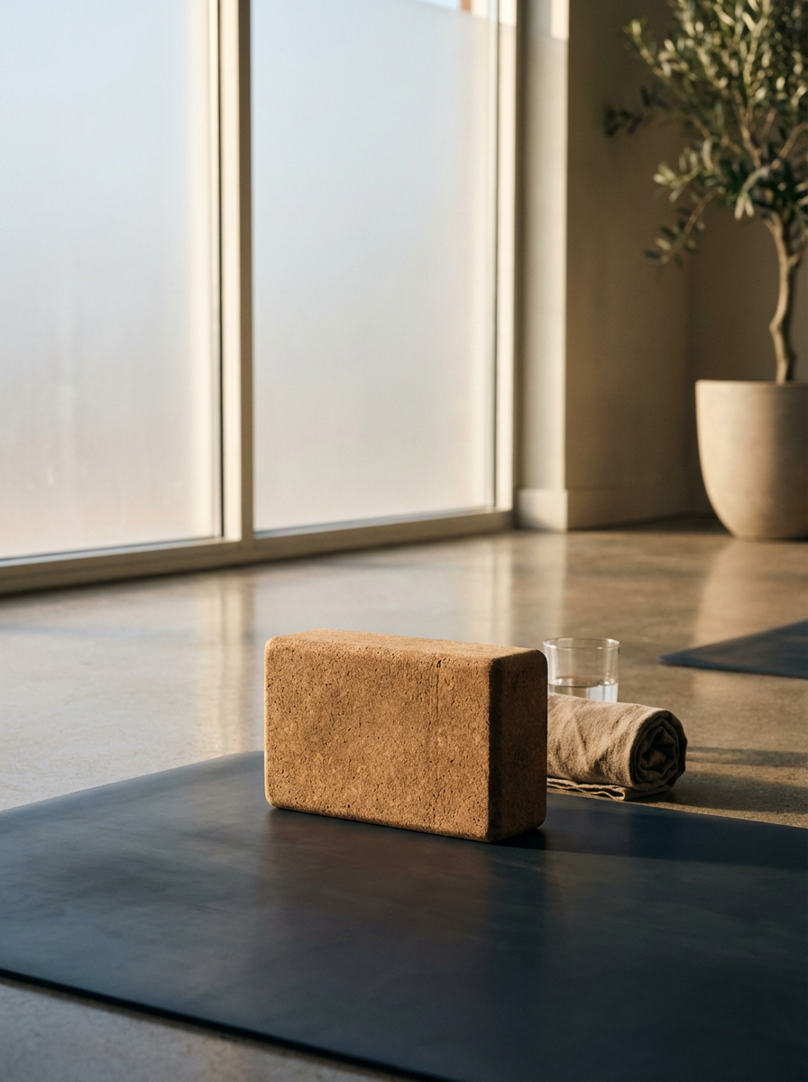 Yoga mat with a brick, a glass of water, and a rolled towel on it, in a sunlit room near a large window and potted plant.