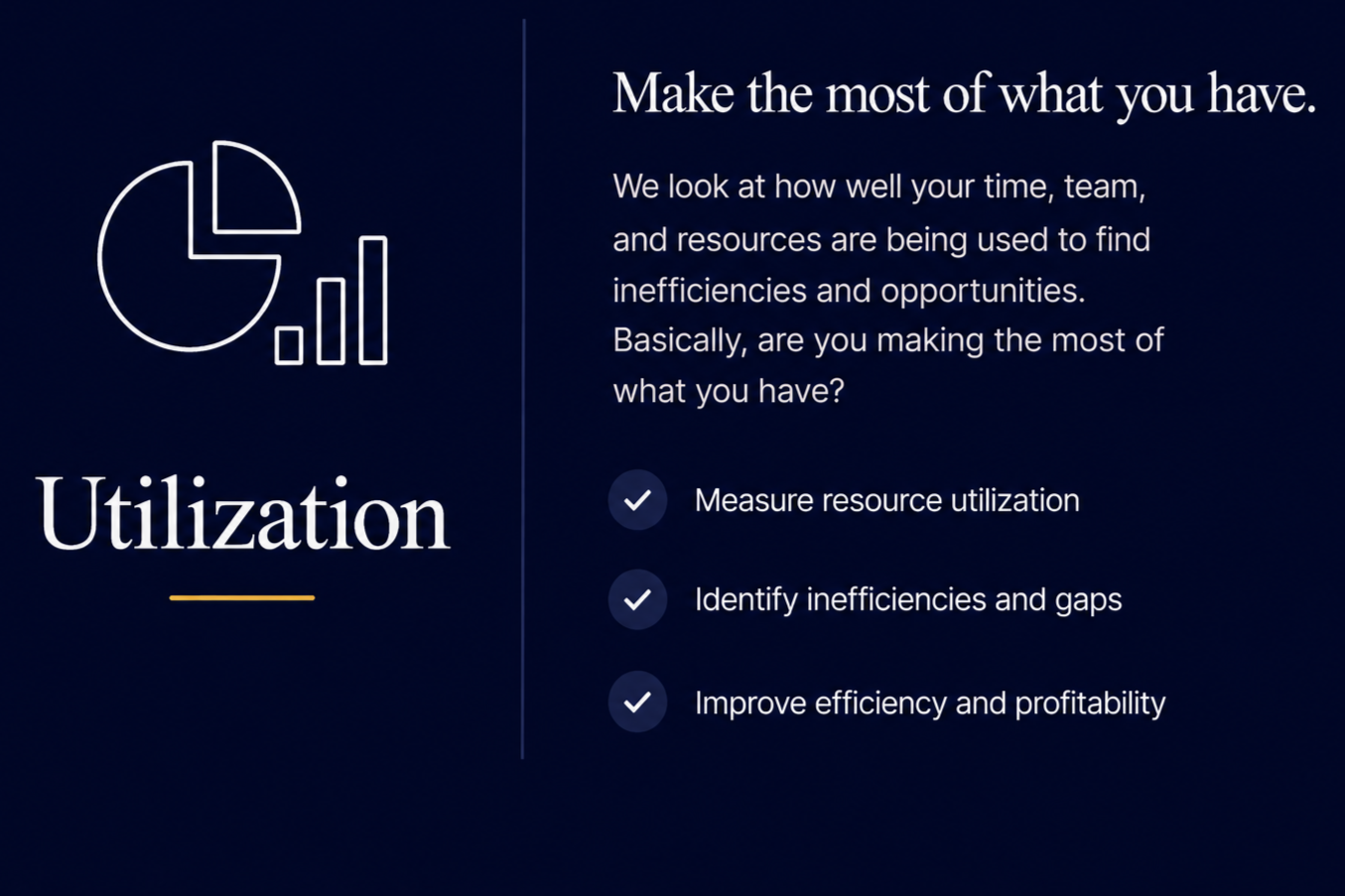 Slide titled 'Utilization' with a pie chart and bar graph icon on a dark blue background. The text discusses making the most of available resources by measuring utilization, identifying inefficiencies, and improving efficiency and profitability.