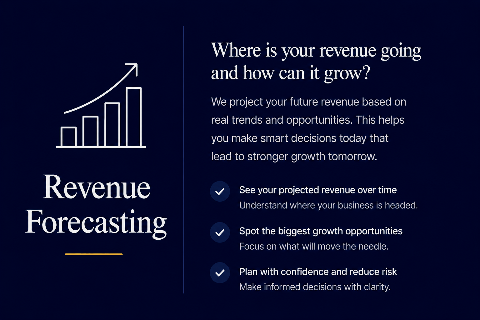 A digital infographic titled 'Revenue Forecasting' with a bar graph and upward arrow on a dark blue background. The right side contains text about projecting future revenue, spotting growth opportunities, and planning with confidence.