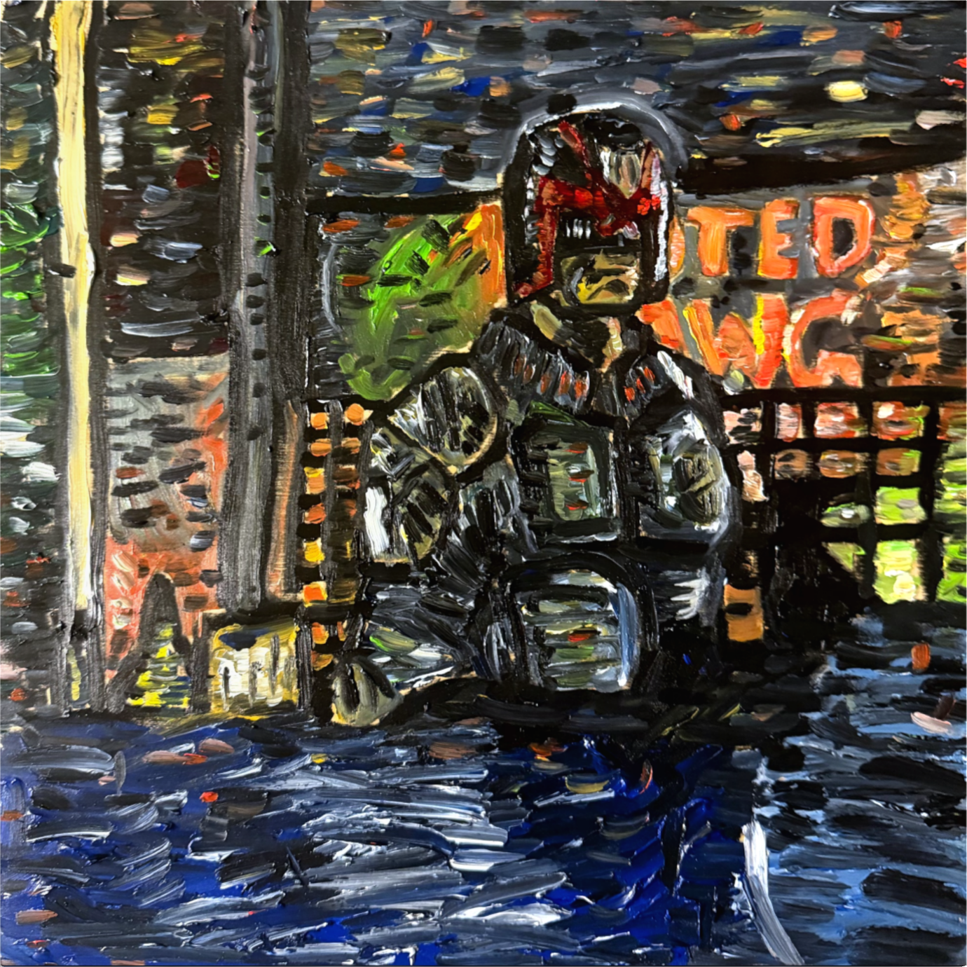 AT THE MOVIES
Negotiation's Over. (Dredd)
2026
Oil on Wood
12" x 12" x 1"