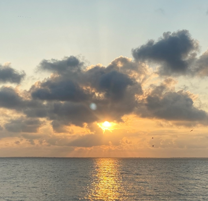 Sunrise over the Texas Coast as Coulter, Lanikai, and I hiked on the beach in 2020.