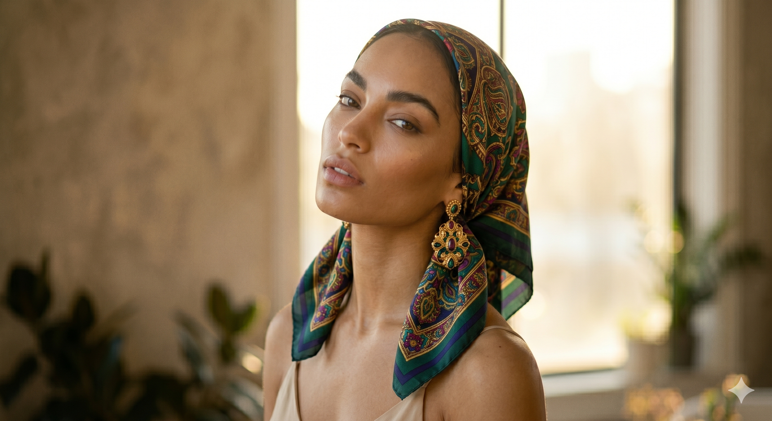 A woman wearing a colorful patterned headscarf and ornate gold earrings, standing indoors near a window with sunlight streaming in.