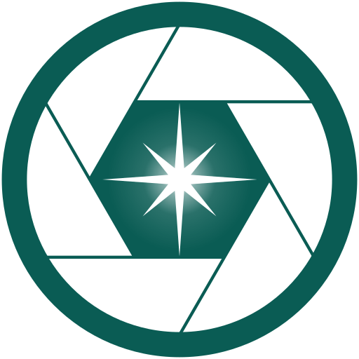 A bright, white, eight-pointed star with rays radiating outward against a dark, circular background.
