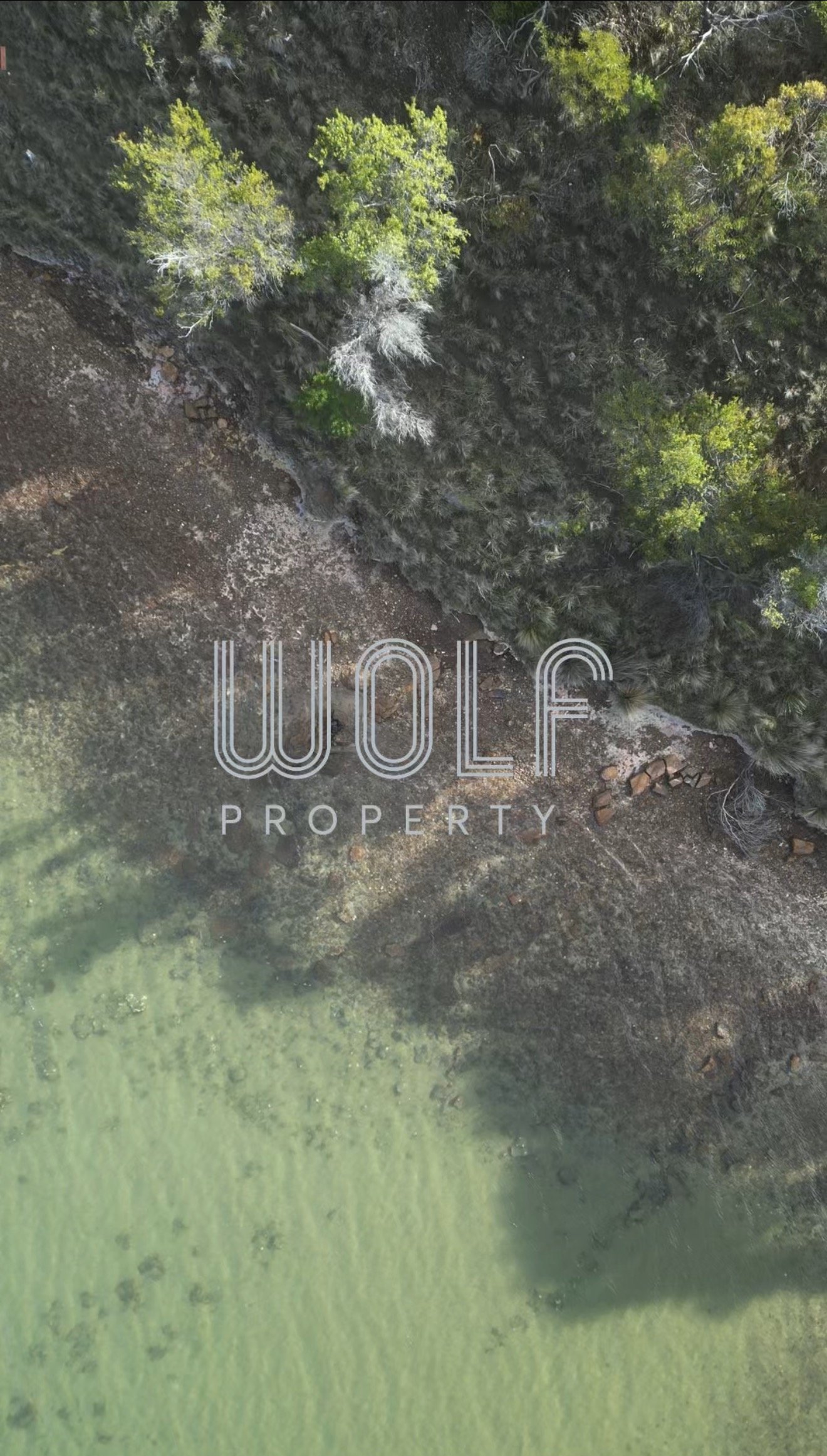 An aerial view of a rocky shoreline with trees and water, with the words 'Wolf Property' overlaid in white text.