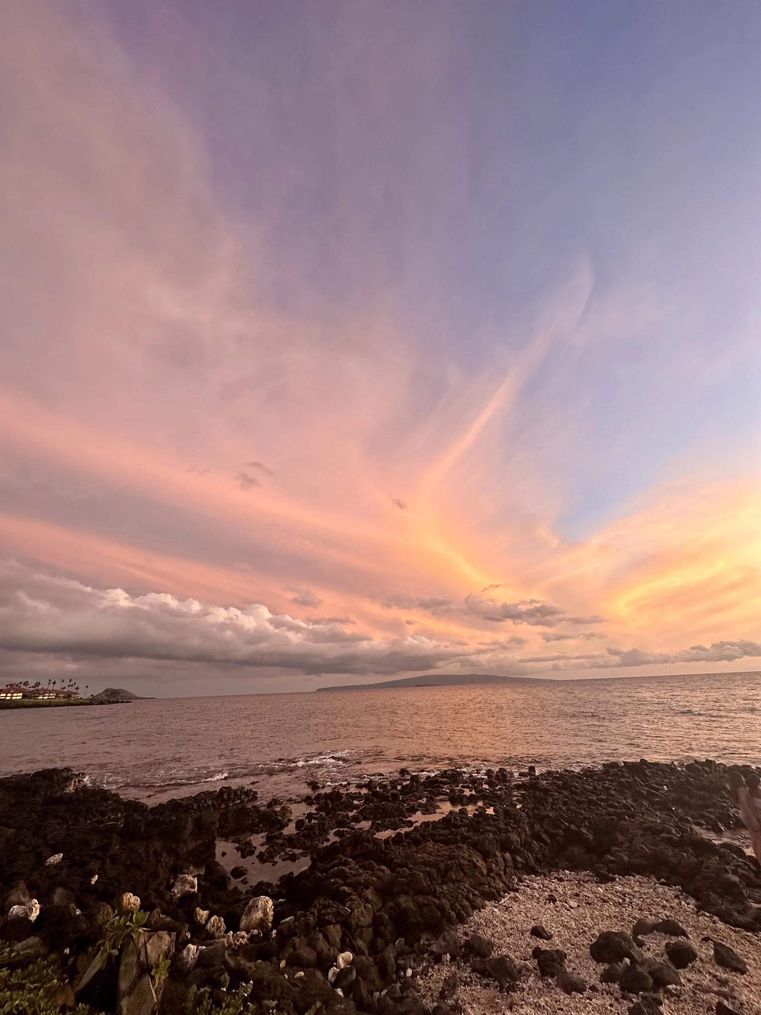 A sunset over the ocean with pastel pink, purple, and orange hues in the sky, and dark rocks along the shoreline in the foreground.