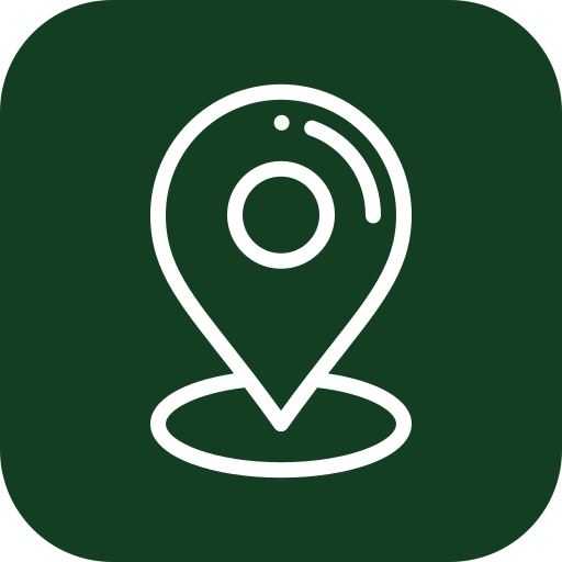 Map pin icon on a dark green background.