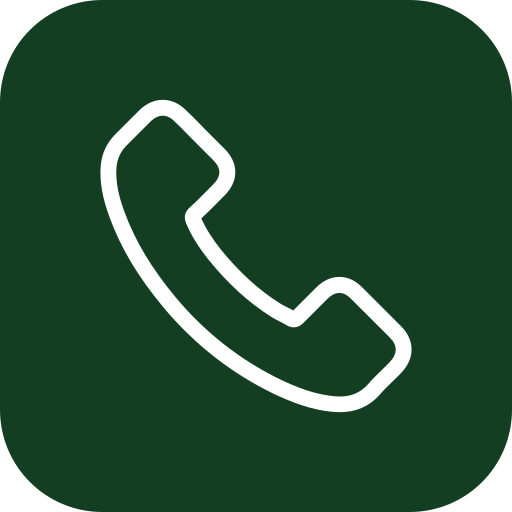 Icon of a white telephone receiver on a dark green background.