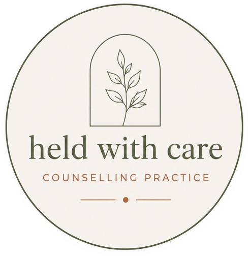 A circular logo with a simple plan plant illustration at the top, the words 'held with care' in large font, and 'COUNSELLING PRACTICE' in smaller font below, on a white background.