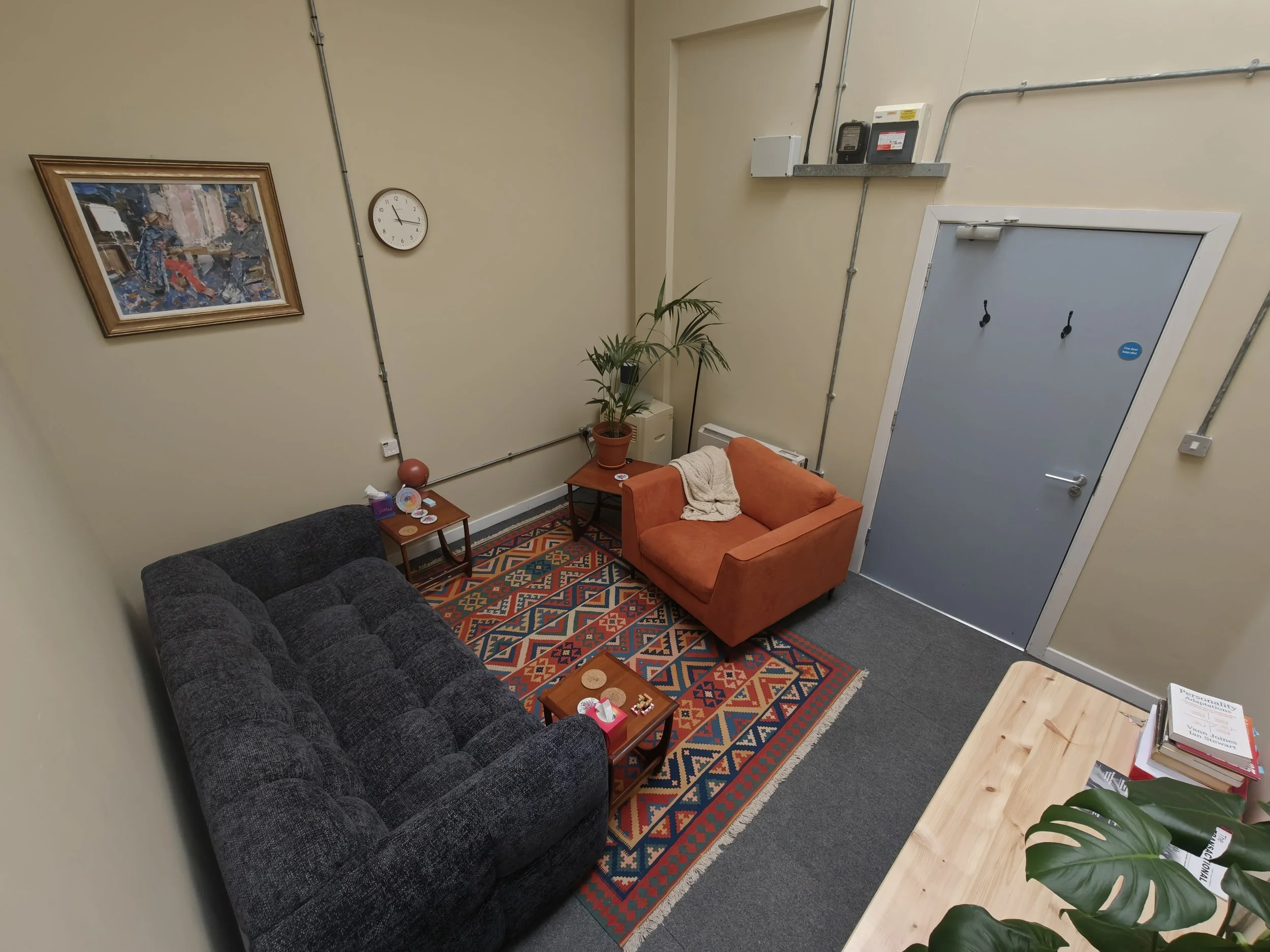 In-person counselling in the Stockport area — a view of the room and seating.