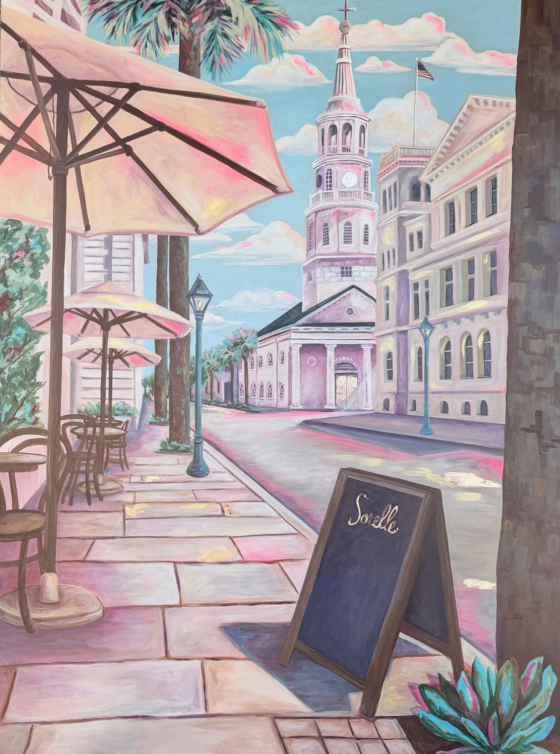 Sweeter Side of Broad 8 x 6 inch giclée of a pastel Charleston street with café umbrellas and a church steeple