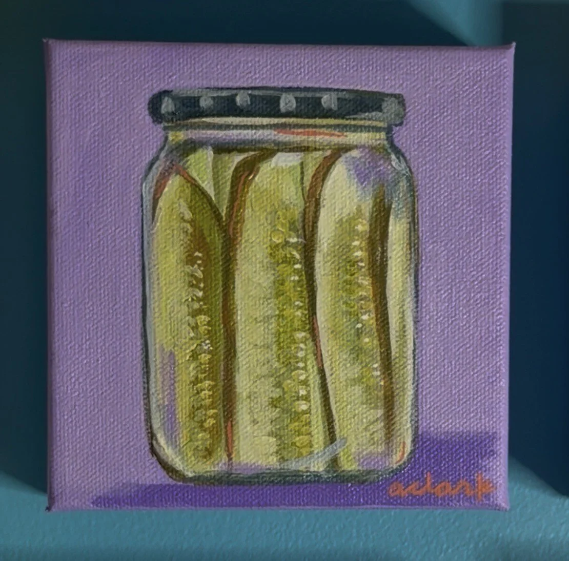 Dill-icious mini painting of a jar of green pickles against a purple background