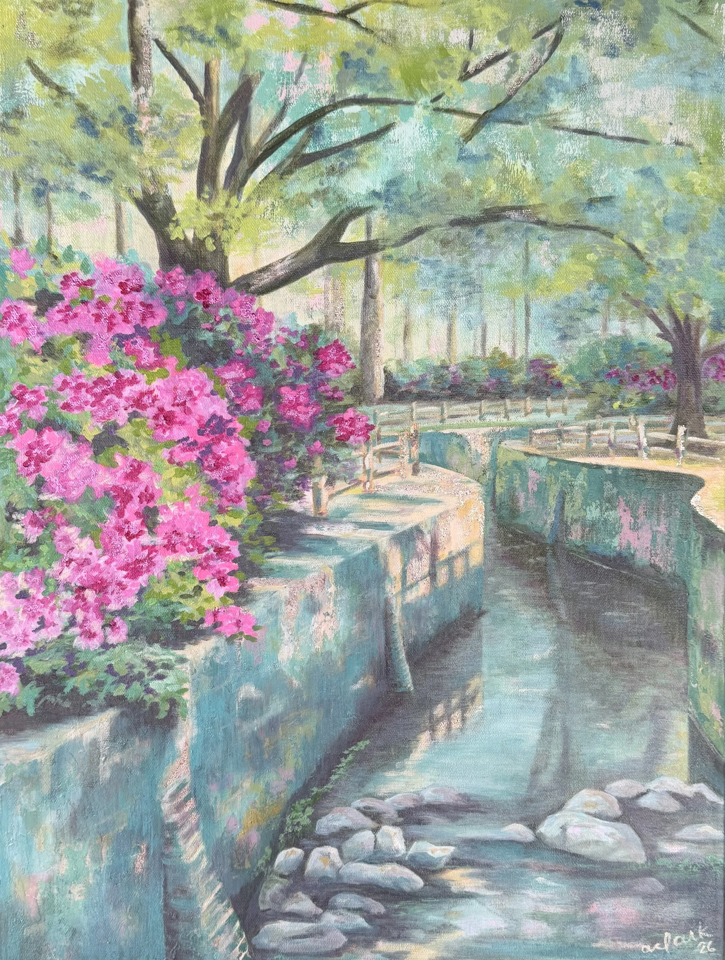 Azalea Light painting by Abby Clark with pink azaleas beside a reflective Lowcountry waterway