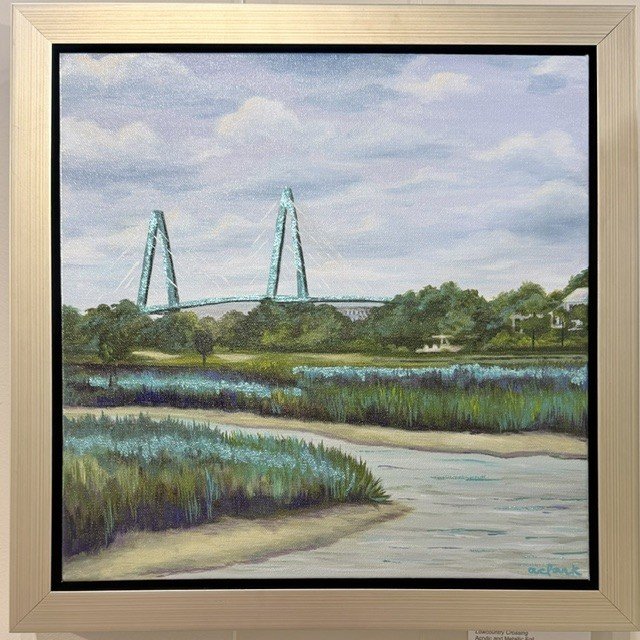 Lowcountry Crossing marsh-and-bridge painting displayed in a champagne gold frame