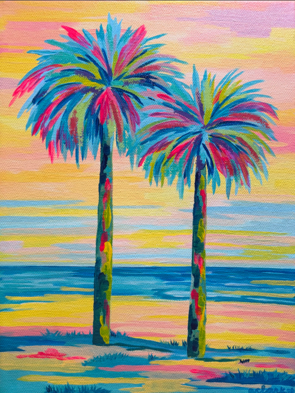 Citrus Coast painting of two colorful palmettos against a bright pink, yellow, and teal coastal sky