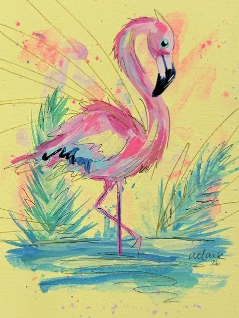Yellow Fancy Framed Flamingo artwork with a pink bird, blue water, and reeds against bright yellow
