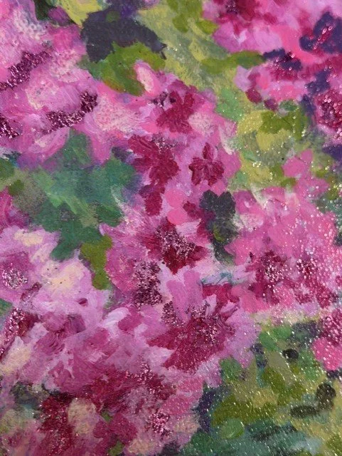 Close-up of pink azalea blossoms and textured brushwork in Azalea Light by Abby Clark