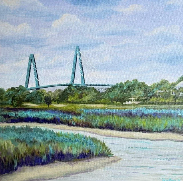 Lowcountry Crossing artwork with a bridge above marsh grasses and a winding tidal creek